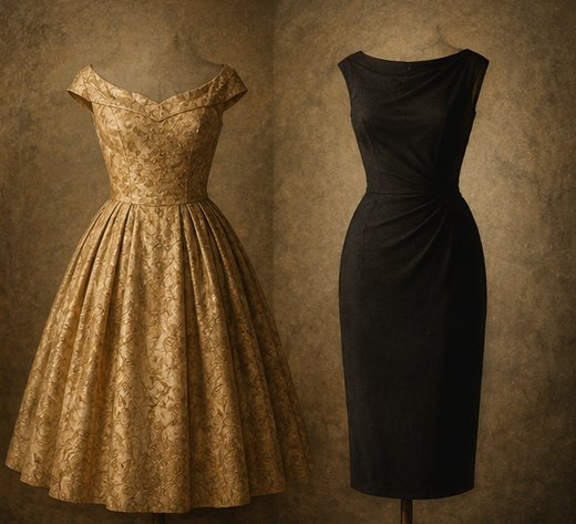 Deux robes, dorée ample et noire fourreau, contraste des décennies